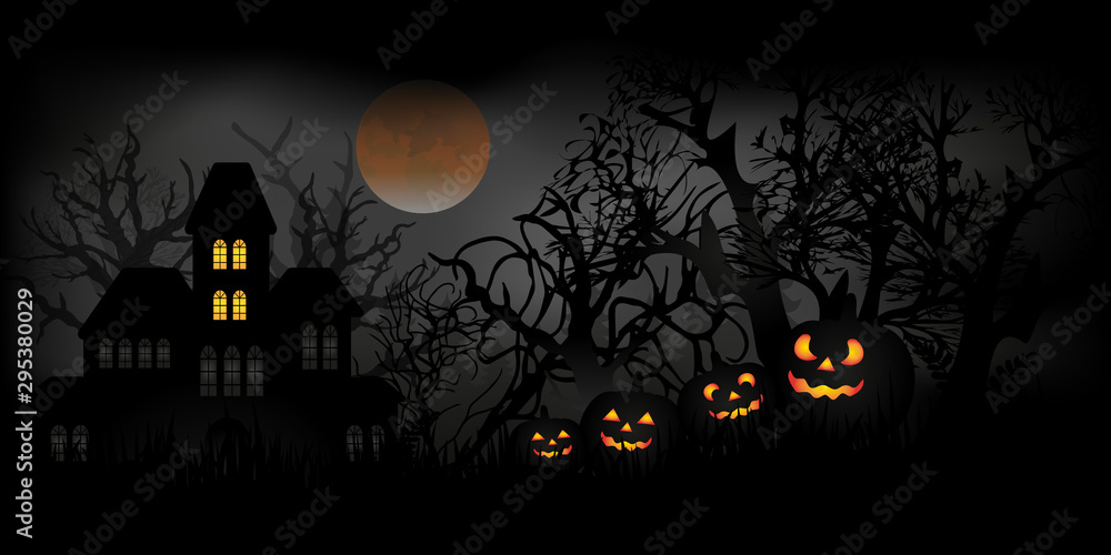 Haunted house with full moon eclipse and bats at Halloween night 