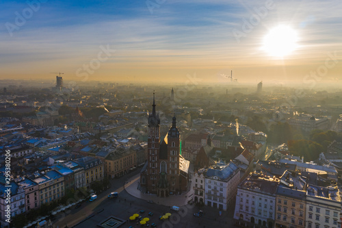 Krakow, Poland. Aerial view of Town hall tower sunrise