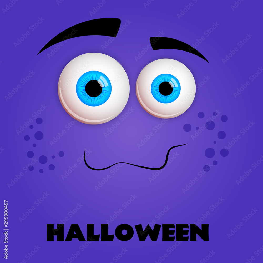 Greeting card monster Violet eyes. Funny Halloween Vector isolated illustration on blue background Greeting card monster Violet eyes. Funny Halloween Vector isolated illustration on blue background
