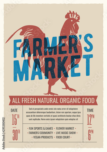 Farmer's market poster flyer design with red rooster silhouette. Vintage styled vector illustration.