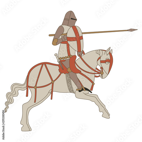 Medieval rider with spear. Knight in armor riding a horse. Isolated vector illustration.	