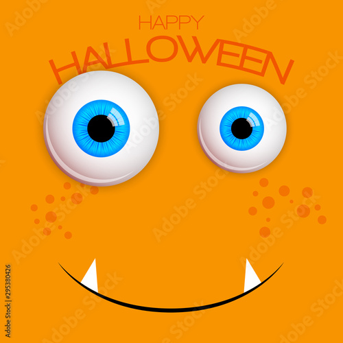 Funny Halloween greeting card monster blue eyes. Vector isolated illustration on orange background