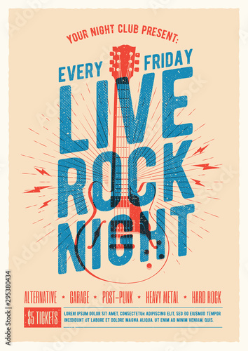 Live rock music night party promo ad flyer design. Live music poster. Vector illustration.