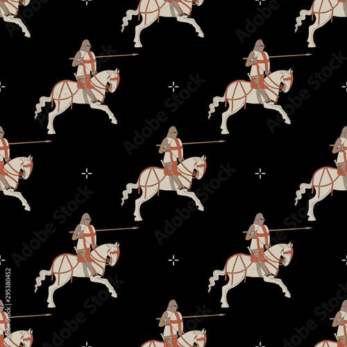Seamless geometrical pattern with medieval knights riding a horse and small crosses.
