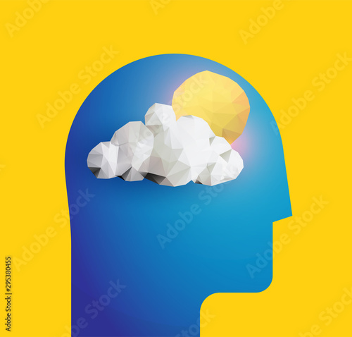 Humans head silhouette with sun and cloud. Good mood. Chill. Good day. Peaceful mind. Psychology themed Vector illustration.