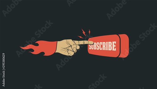 Subscribe button with pointing finger on it. Subscribe call to action banner for bloggers video or social media channel. Vector illustration.