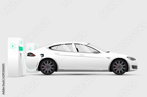 White electric car at stand charging station battery. Isolated side view white electric car. Vector illustration © paul_craft