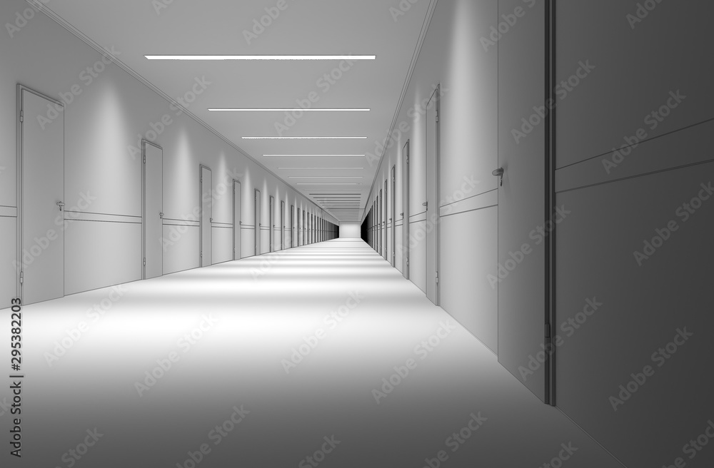 Fototapeta premium Long corridor with doors, interior visualization