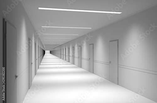 Fototapeta Naklejka Na Ścianę i Meble -  Long corridor with doors, interior visualization