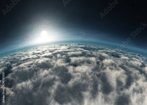 Earth from low orbit. Sunrise over the clouds. Sunset over the clouds. 3d rendering.