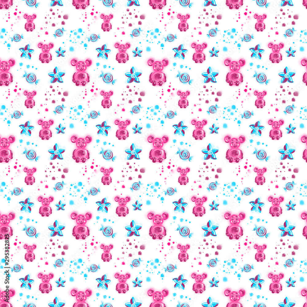 Cute animals. Seamless baby design pattern with owl, fox, mouse and candy sweets. Drawn background in blue, purple and pink colors. Textile, paper, wallpaper, poster, card, invitation and website.