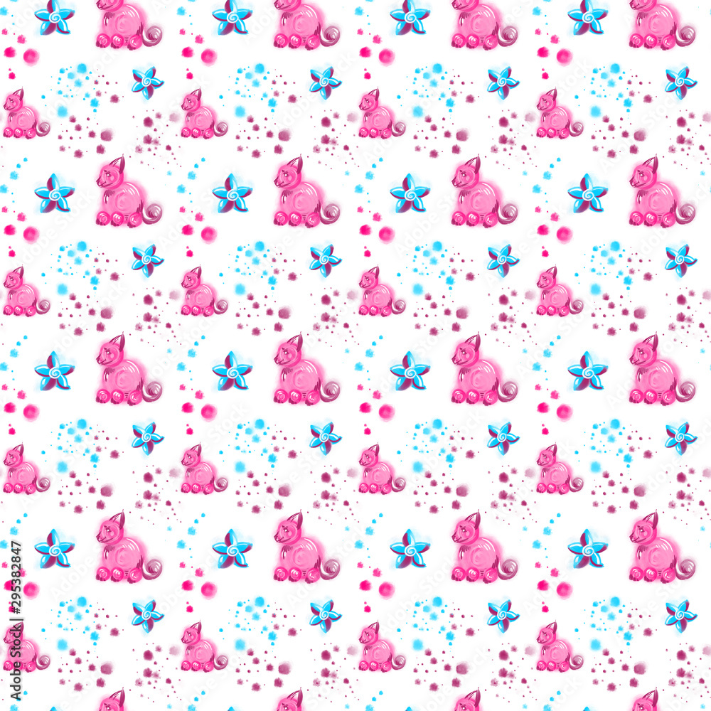 Seamless baby design pattern with cute fox and candy sweets. Drawn background in blue, purple and pink colors. Textile, paper, wallpaper, poster, card, invitation and website.