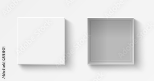 White square box top view. Open and close gift boxes. Container mockup. Realistic paper shoebox. Empty carton package. Vector present wrap.