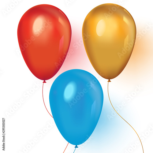 Red, blue and gold realistic balloons on white background
