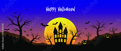 Vector illustration of happy halloween day, in flat style. Pumpkin face, bat, moon, hills, castle, graves, trees. For your best design