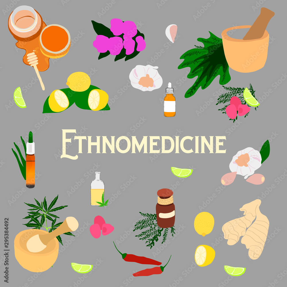 natural medicine chest concept. Elements of ethnoscience and text ethnomedicine. Herbal medicine. Vector flat illustration isolated on grey background.naturopathy symbols. Alternative herbal medicine
