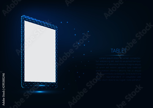 Futuristic glowing low polygonal vector tablet mockup with white screen on dark blue background.