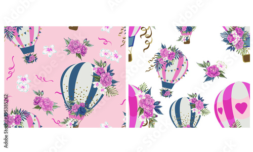Bouquet vector beautiful aerostat Tender pink and blue flowers illustration blooming floral peonies set floral seamless pattern with blooming peonies flowers