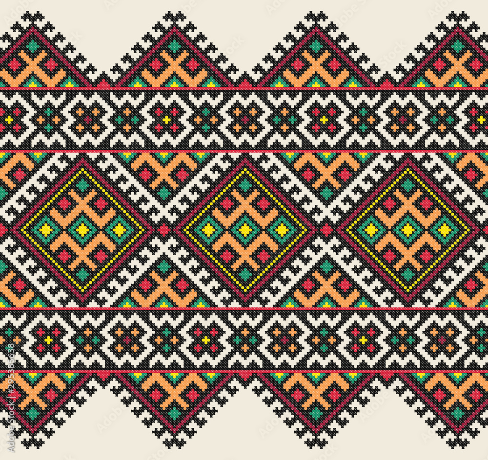embroidered old handmade cross-stitch ethnic Ukraine pattern. Ukrainian towel with ornament.