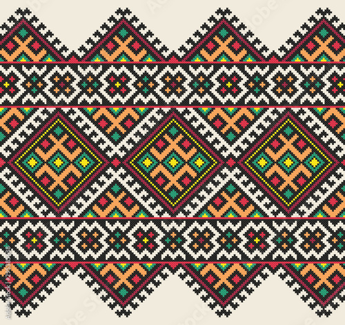 embroidered old handmade cross-stitch ethnic Ukraine pattern. Ukrainian towel with ornament.