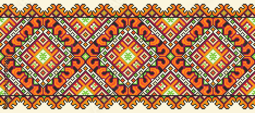 embroidered good like old handmade cross-stitch ethnic Ukraine pattern. Ukrainian towel with ornament, rushnyk called, in vector