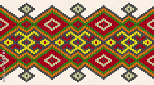 embroidered old handmade stitch ethnic Ukraine pattern. Ukrainian towel with ornament.