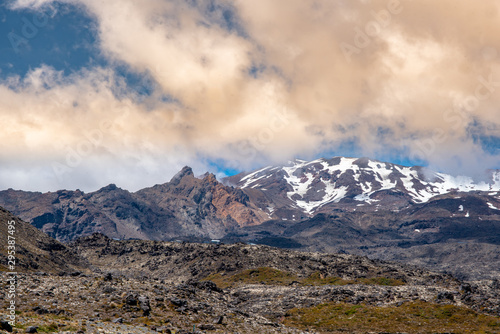 Magnificent snow capped volcano Mount Ruapehu in New Zealand Desert Road