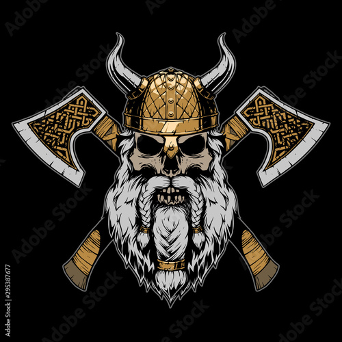 Viking skull illustration on black background