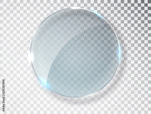 Glass circle badge with a place for inscriptions isolated on transparent background. Glass plate mock up. Glass framework. Photo realistic vector illustration.