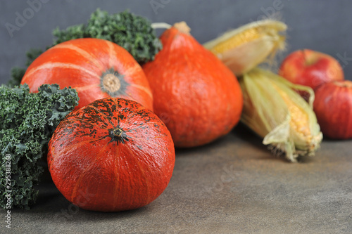 Orange pumpkins, ears of corn, apples and cabbage kale on a dark background. The concept of the autumn harvest of vegetables and fruits for the holiday. Close-up. Free space for text.
