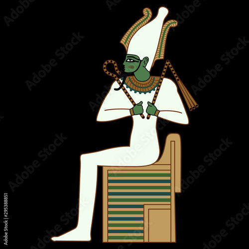 Isolated vector illustration. Ancient Egyptian god Osiris sitting on throne. Cartoon style. On black background.