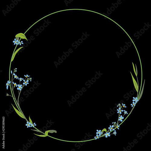 Capital letter O with floral motifs. Round frame with forget-me-not flowers. Numeral 0. Botanical font. On black background.