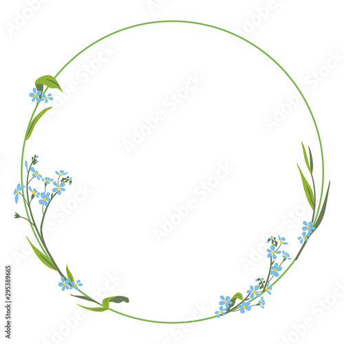 Capital letter O with floral motifs. Round frame with forget-me-not flowers. Numeral 0. Botanical font.