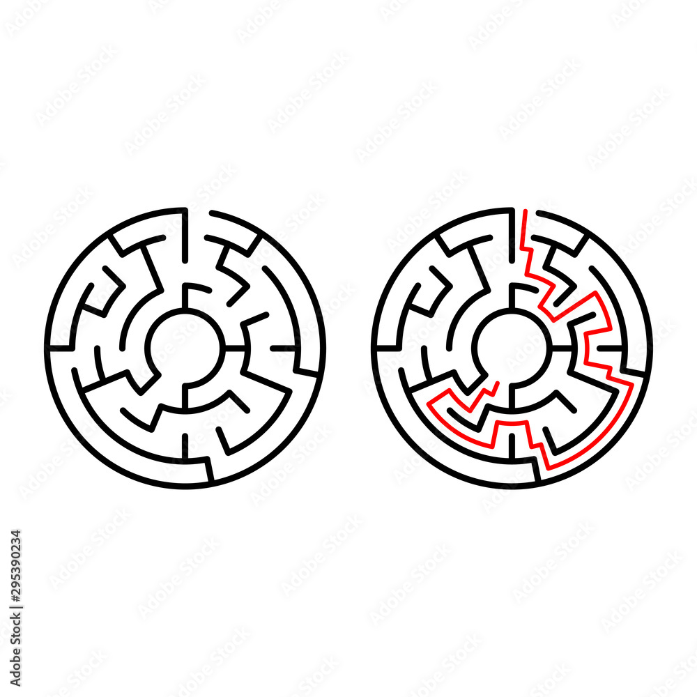 Vector simple black maze circle with solution. Simple black labyrinth. Vector maze symbol. Labyrinth isolated on white background. Abstract decoration design. Symbol of education game. Vector simple black maze circle with solution. Simple black labyrinth. Vector maze symbol. Labyrinth isolated on white background. Abstract decoration design. Symbol of education game.