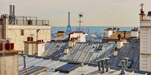 Photography View of Parisian roofs and Eiffel tower from Montmarte, Paris, France