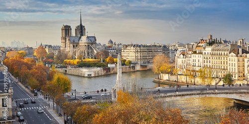 Scenic view of Notre-Dame de Paris on a bright fall day