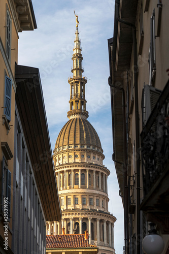 View of the famous Cupola of the San Gaudenzio Basilica in Novara, Italy. SAN GAUDENZIO BASILICA DOME AND HISTORICAL BUILDINGS IN NOVARA IN ITALY. San Gaudenzio church in Novara city, Piedmont, Italy.