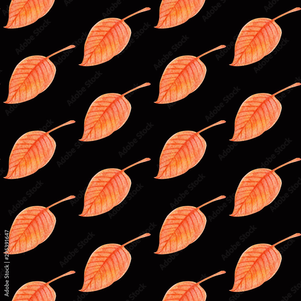 Watercolor simple pattern with a dark background. Hand drawn watercolour autumn orange leaf with red viens repeated on black Watercolor simple pattern with a dark background. Hand drawn watercolour autumn orange leaf with red viens repeated on black