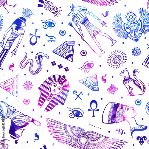 Vector tribal ethnic seamless pattern with Egypt symbols