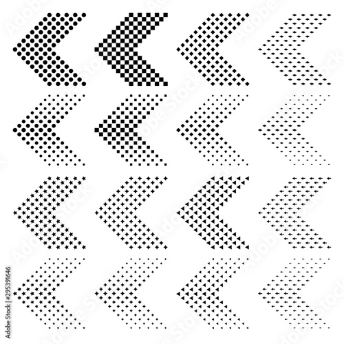 Set of arrows with halftone effect. Vector illustration EPS10. Black arrows collection isolated on white