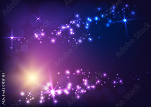 Christmas abstract banner with stars, lights, flares and copy space for text on dark blue to purple. © Inna