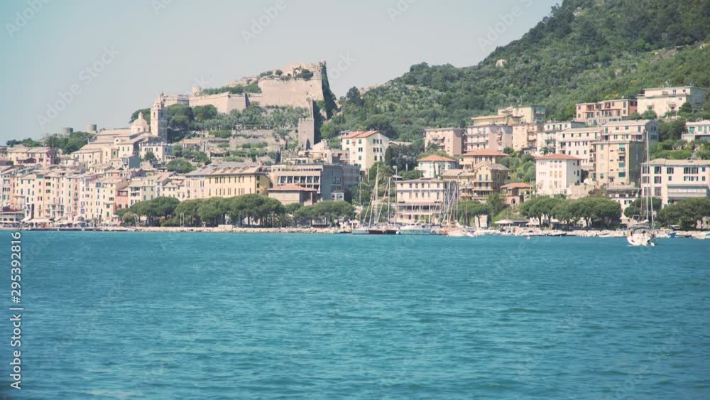 The Village of Porto Venere on beautiful sunny day. Italy. Panning The Village of Porto Venere on beautiful sunny day. Italy. Panning