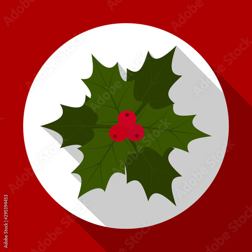 Holly berry on red background with long shadow. Vector illustration for Christmas and New Year card. Flat design. EPS10.