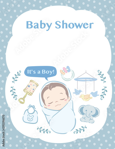 Cute newborn baby boy. Vector illustration for Baby shower card or other use.