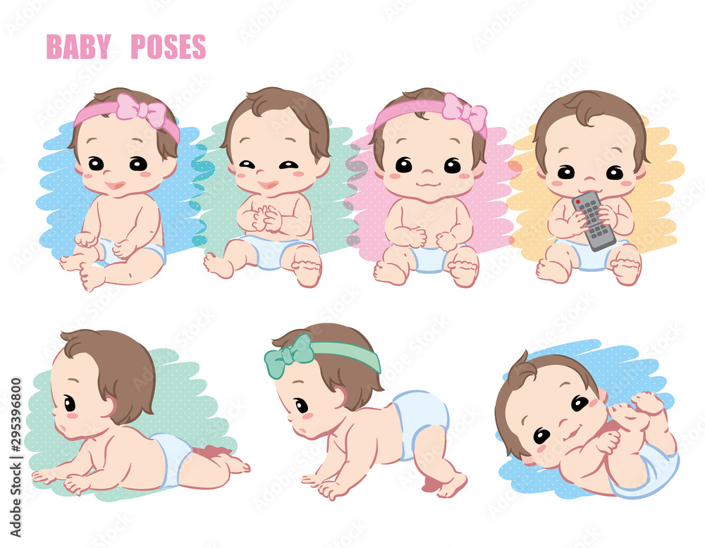 Cute baby, Infant girl. Poses set. Vector illustration. Cute baby, Infant girl. Poses set. Vector illustration.