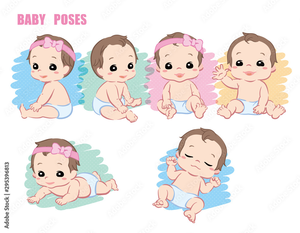 Cute baby, Infant girl. Poses set. Vector illustration. Cute baby, Infant girl. Poses set. Vector illustration.