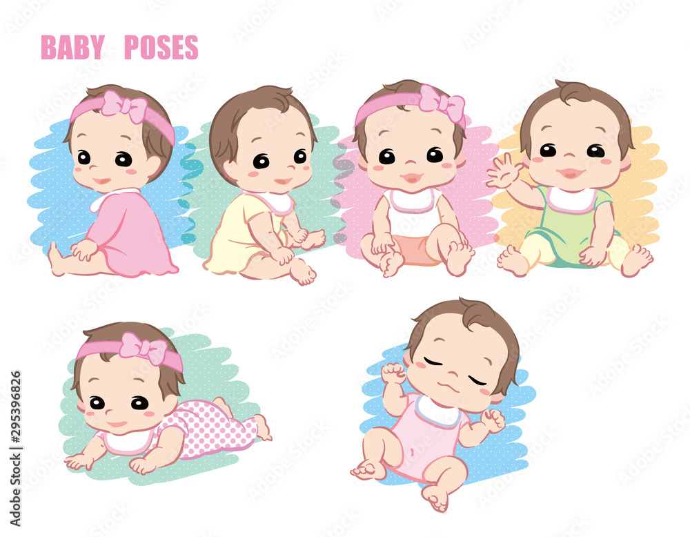 Cute baby, Infant girl. Poses set. Vector illustration.
