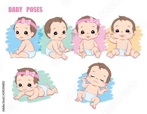Cute baby, Infant girl. Poses set. Vector illustration.