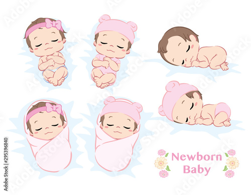 Cute newborn baby girl. Poses set. Vector illustration.