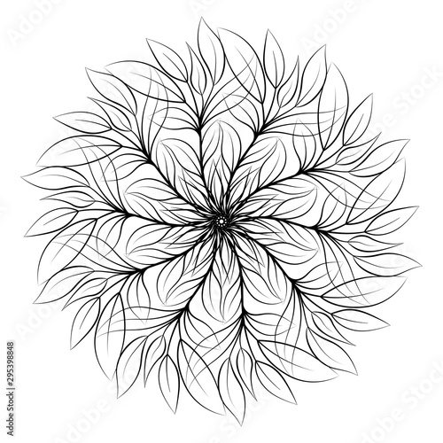 Mandala. Round floral ornament isolated on white background. Decorative design element. Black and white outline vector illustration for coloring book  print on T-shirt and other items.